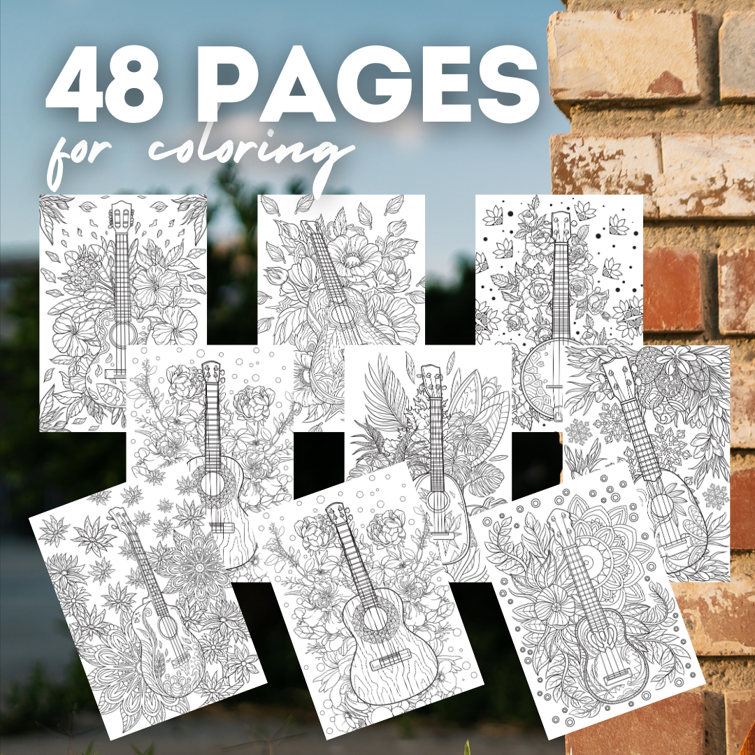 Guitars & Ukes Coloring Book | Over 48 Pages! Coloring Instant Digital Download, Print Ready