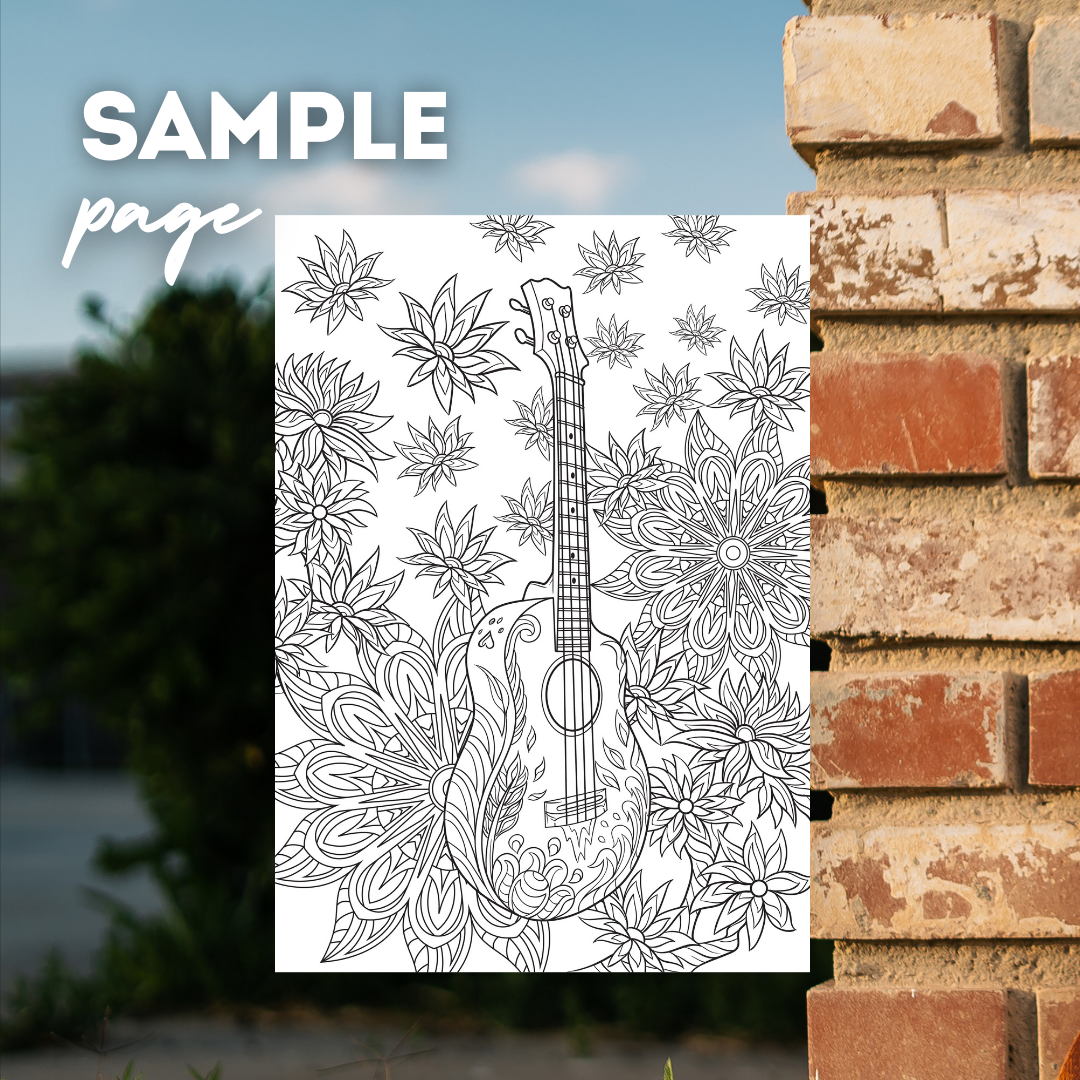 Guitars & Ukes Coloring Book | Over 48 Pages! Coloring Instant Digital Download, Print Ready