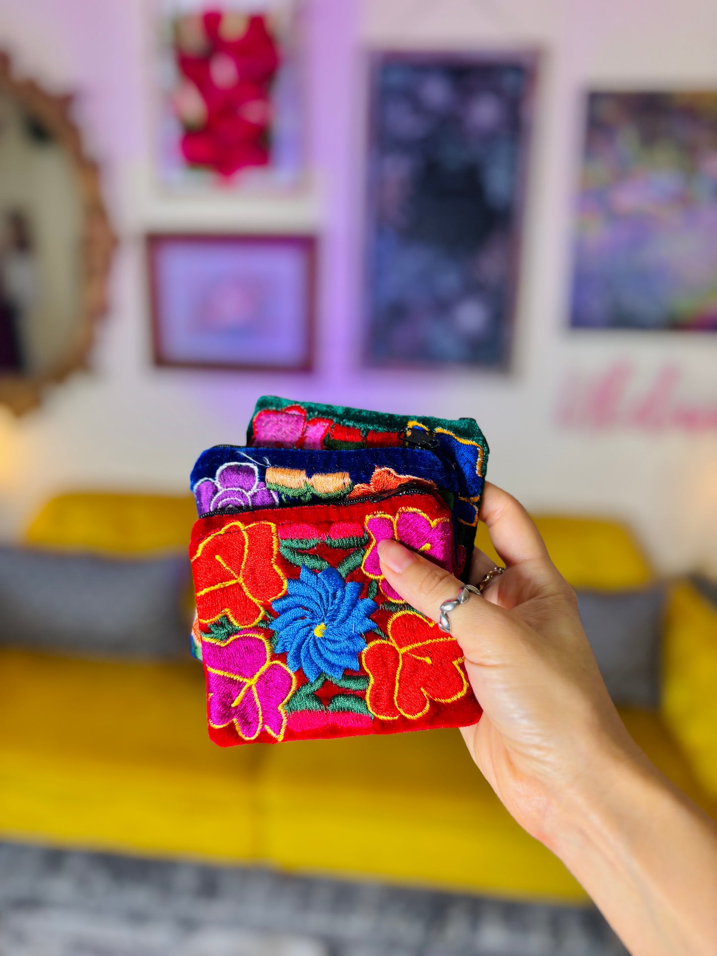 🌺 Embroidered Velvet Mini Essentials Pouch
