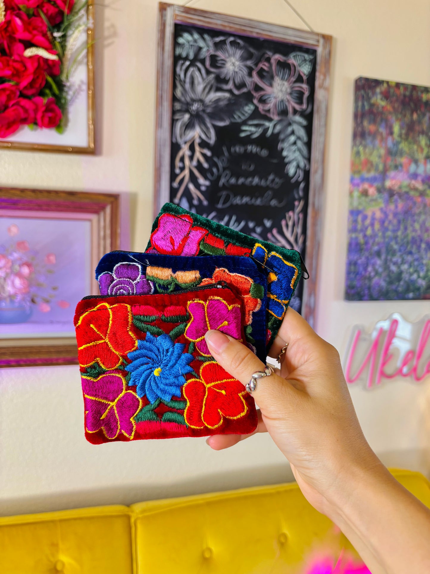 🌺 Embroidered Velvet Mini Essentials Pouch