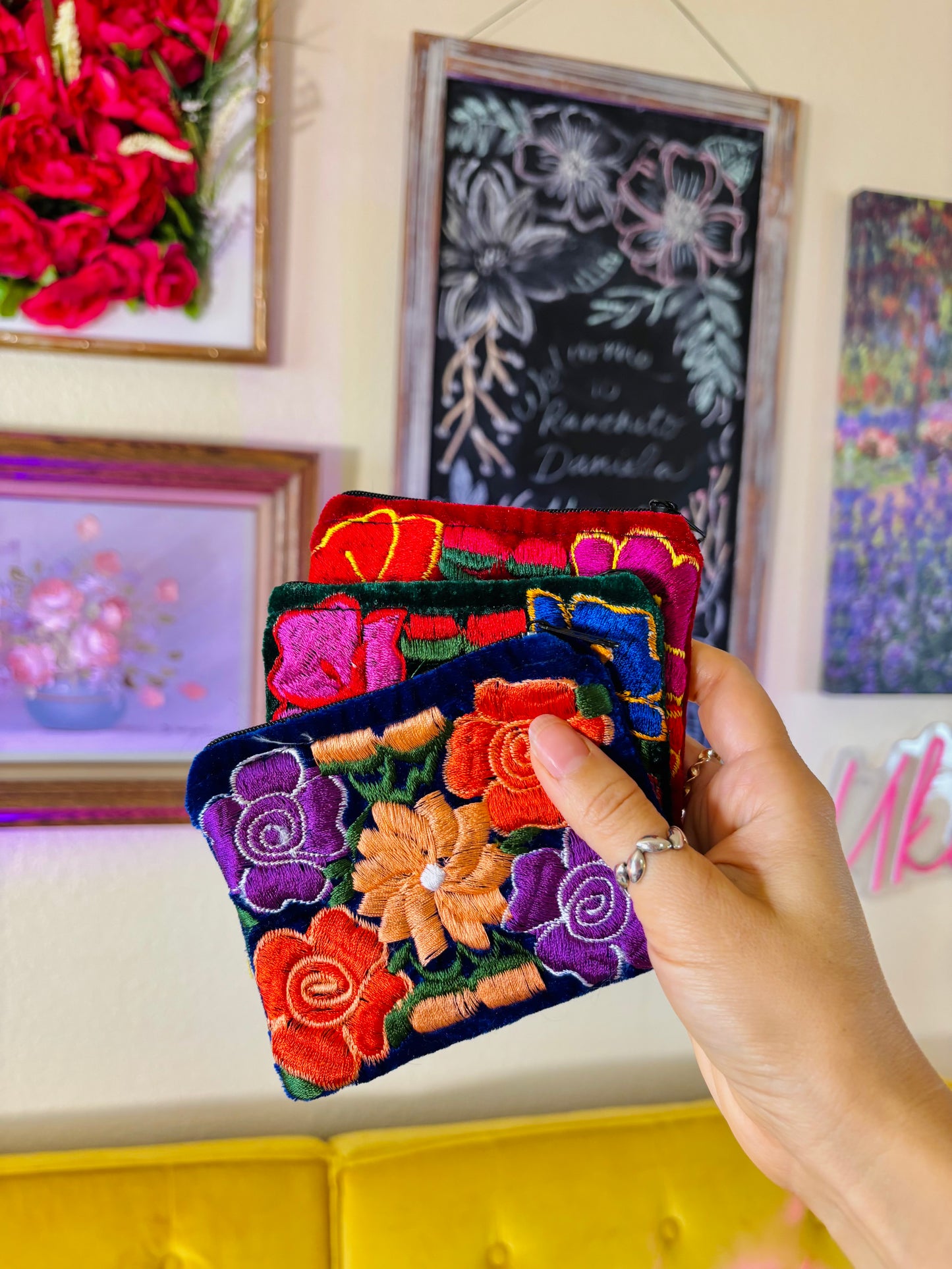 🌺 Embroidered Velvet Mini Essentials Pouch